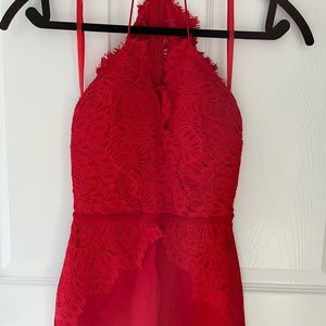 RED LACE HALTER DRESS